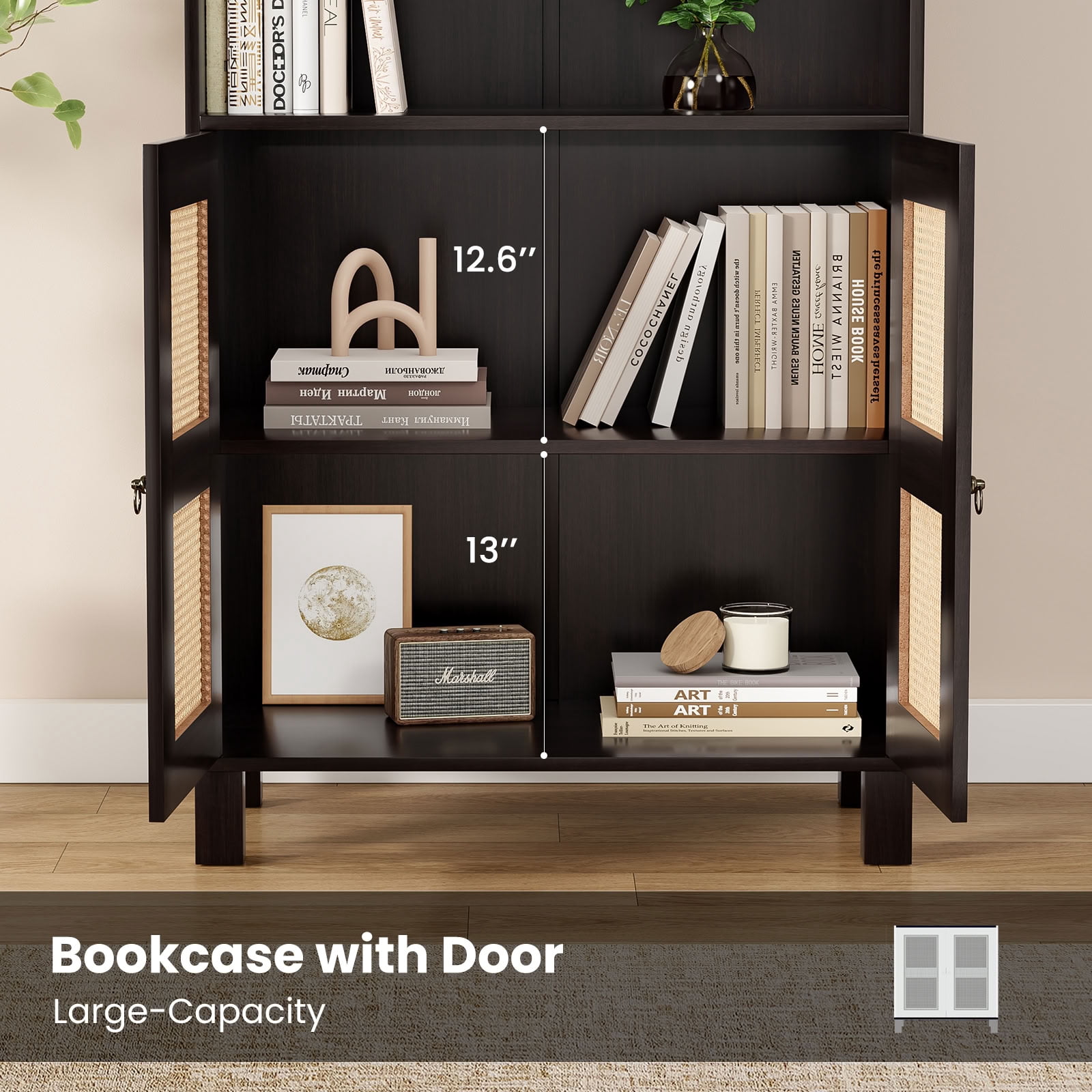 MAYEERTY 5-Tier Tall Bookcase with Rattan Doors, Freestanding Wood Bookshelf with Closed Storage Cabinet, for Library Living Room Bedroom Home Office