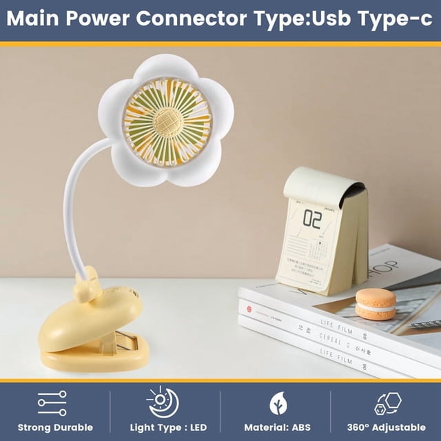 Ventilador de Clip Recargable por USB con Diseño de Flores, Rotación de 360° y Luces LED para Cochecito de , Ideal para Acampar, Color Amarillo.