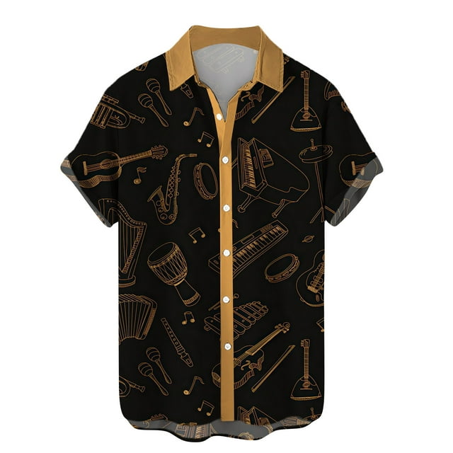 Men's Button Shirt 2024 Summer Fashion Casual Personality Musical Instrument Digital Short Sleeve-SinKeeU