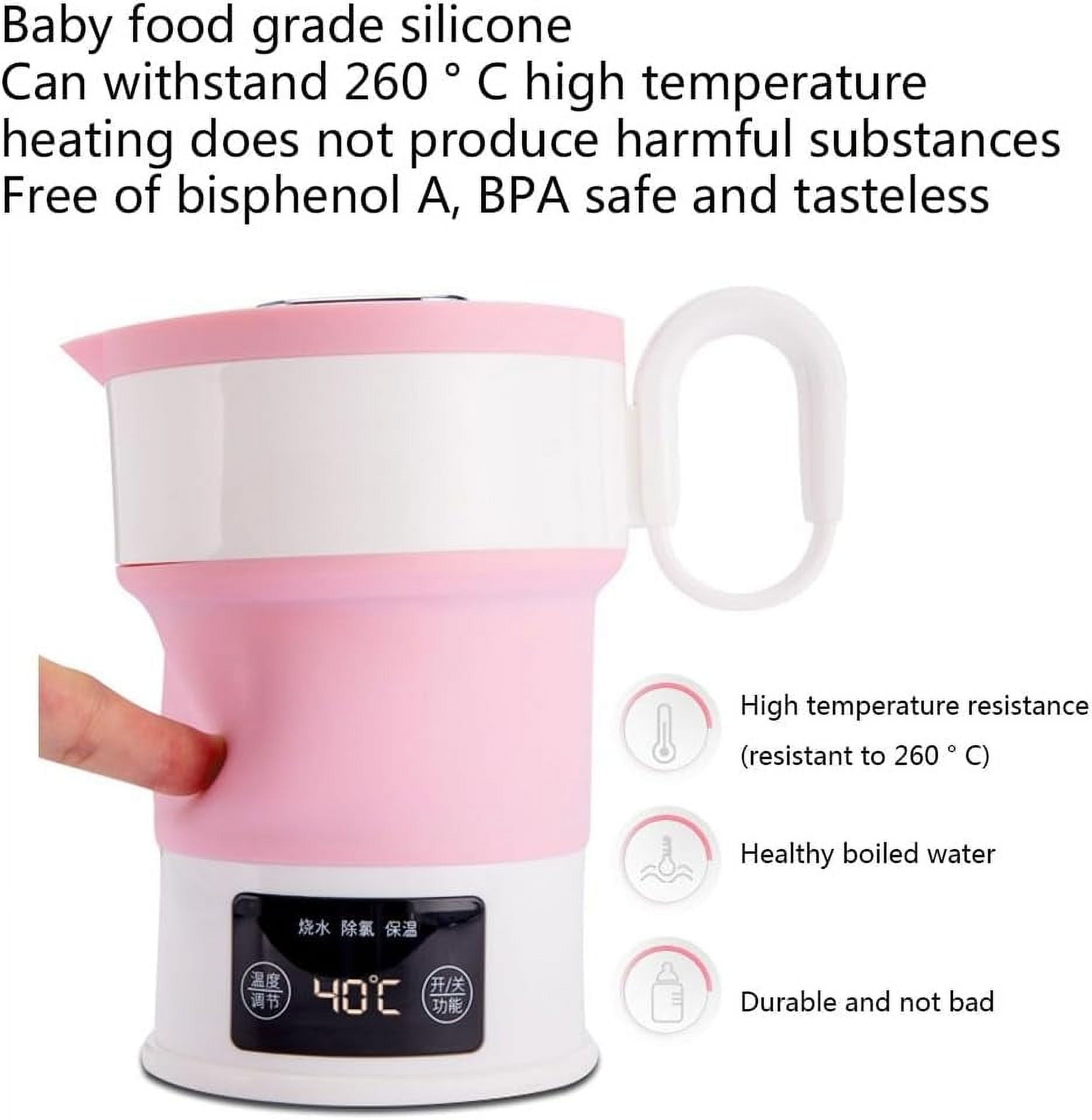 RKXQT  0.6L Travel Foldable Electric Kettle with LED Digital Display Portable Food Grade Silicone Cookerware BPA Free Fast Boiling with Boil-Dry Protection Dual Voltage Auto Shift (Color : Pink)