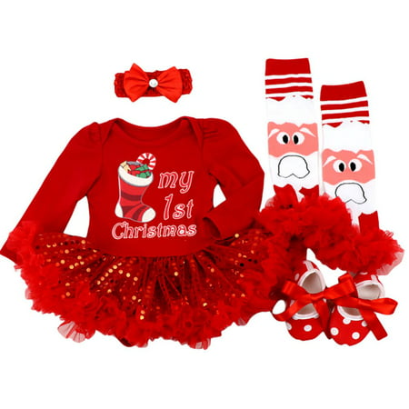 

SYNPOS Newborn Christmas Outfit 0-18m Babys First Christmas Outfit Infant Baby Girls Christmas Bodysuit Outfits Newborn Sequins Romper Tutu Dress+headband+leg Warmers+shoes Clothes