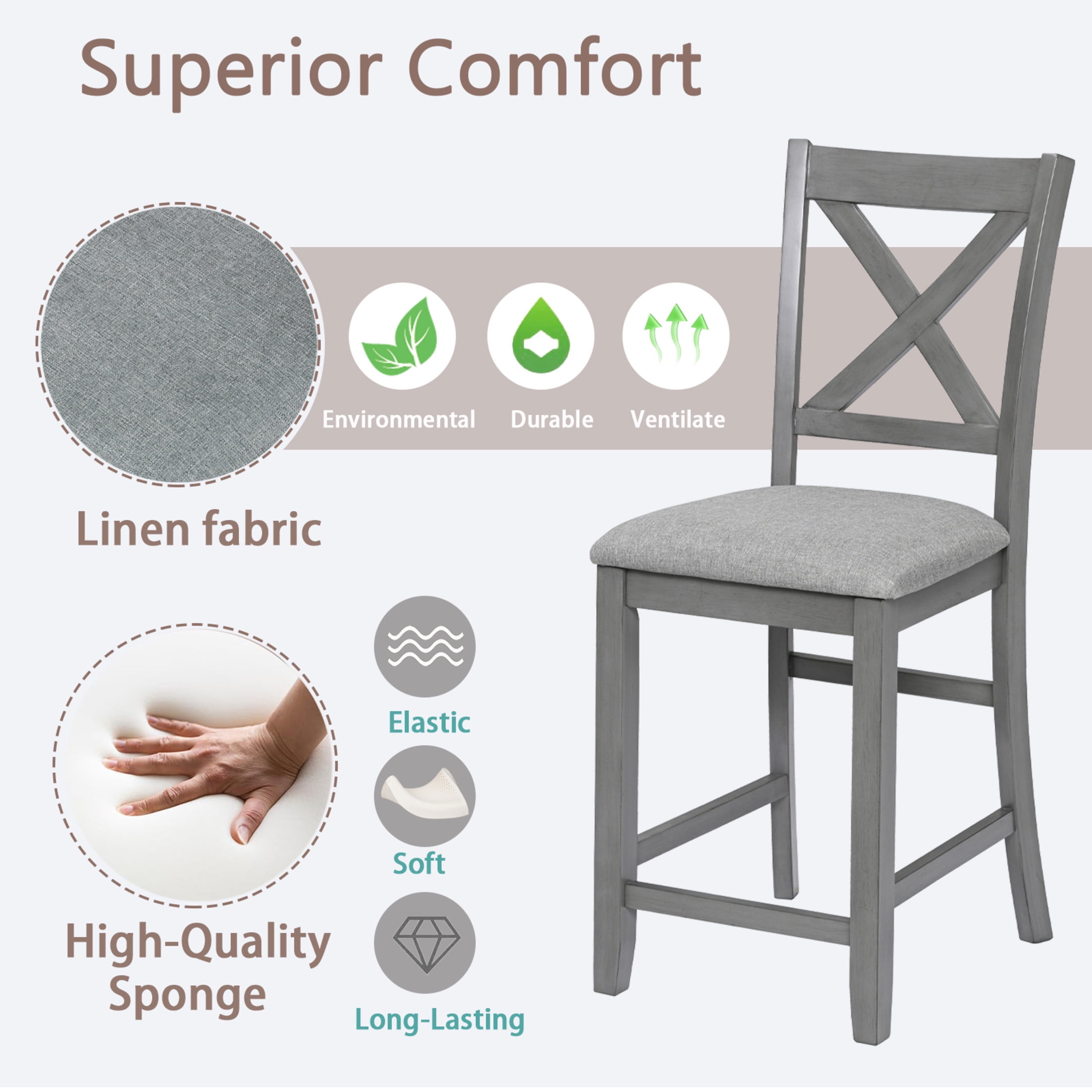 Noble House 40" Farmhouse Counter Height Bar Chairs with Padded Seat Set of 4, X-Shaped Backrest, Gray