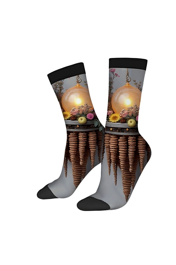 Unisex Trendy Socks (2 Pairs) - Decorative Gray Socks with Glowing Orb Flowers Fruits Elements - Four Seasons Universal Design
