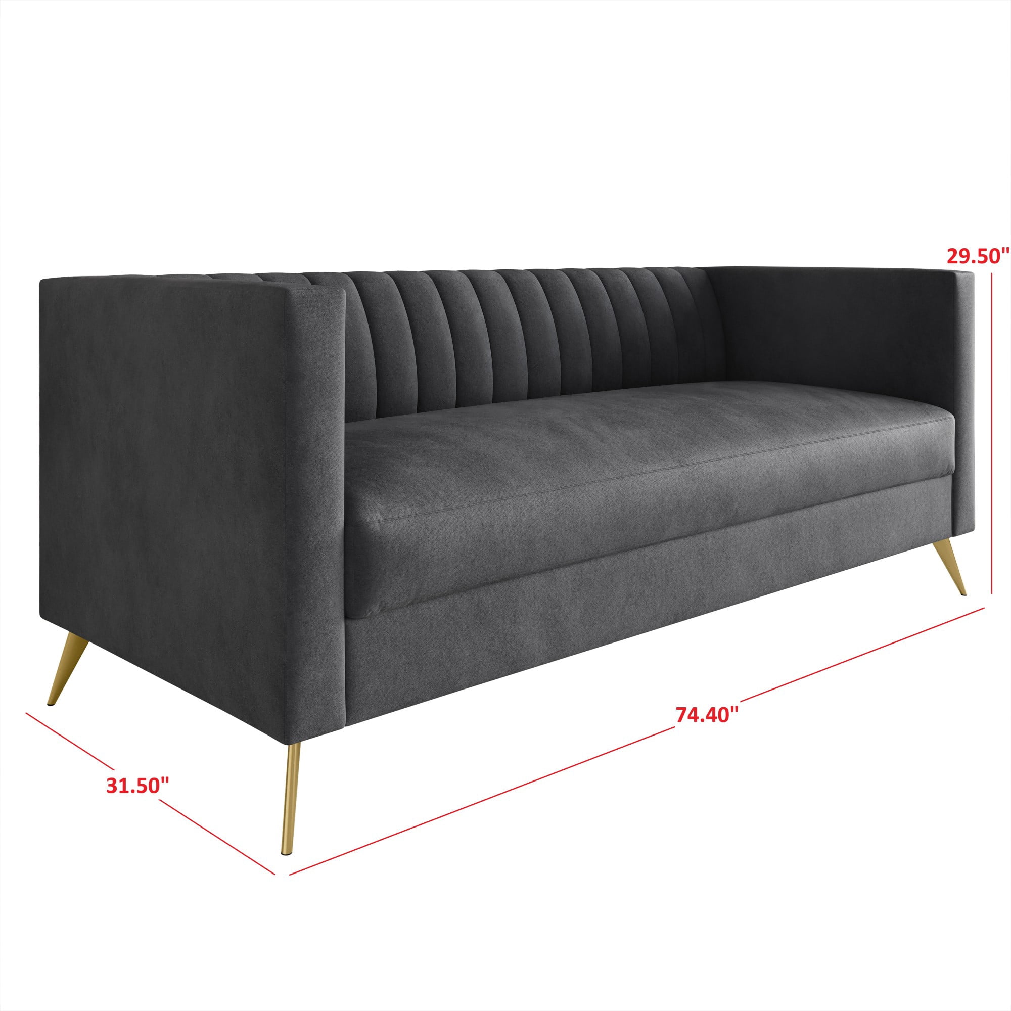 Home Design Weiss Velvet Square Arm Sofa with Channel-Tufted Back and Gold Metal Legs, Modern Upholstered Living Room Seating, Dark Gray