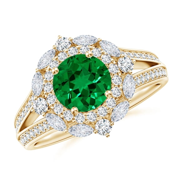 ANGARA Ornate Round Lab Grown Emerald Halo Engagement Ring for Women in 14K Yellow Gold (Size-6.5mm) | May Birthstone, Birthday, Anniversary, Jewelry Gift for Women | Lab-Grown Emerald Ring