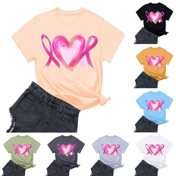 Nfurl Inspirational Breast Cancer Awareness Shirts for Women Pink Ribbon Graphic Tees Plus Size Short Sleeve Tshirts for Breast Cancer Survivor Gifts Blue M