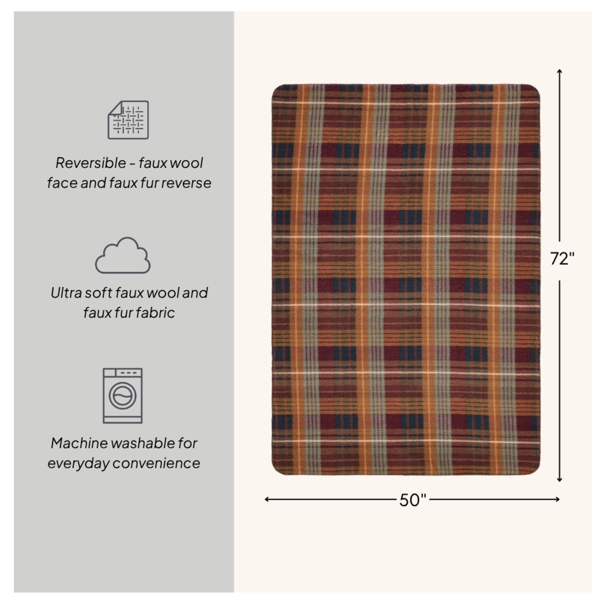 Better Homes & Gardens Crimson Plaid Faux Wool Reverse to Faux Fur Throw, 50" x 72"