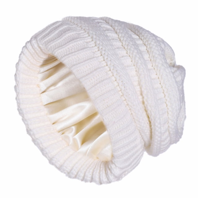 Gorro de mujer de invierno de punto con forro de satén Gorro cálido de lavado suave de seda suelta
