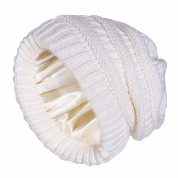 Gorro de mujer de invierno de punto con forro de satén Gorro cálido de lavado suave de seda suelta