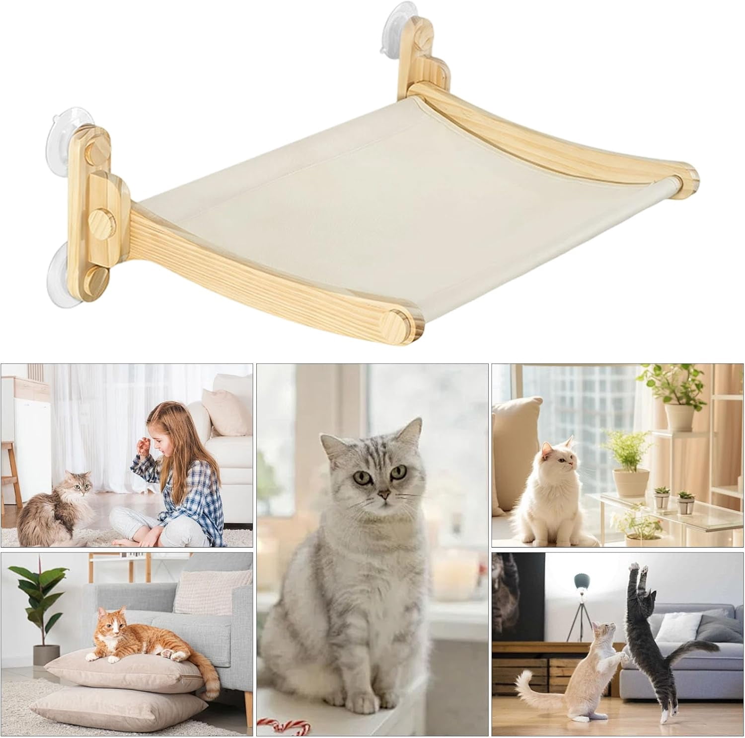 Suction Cup Cat Window Perch, Foldable, Wooden Frame, Washable, Indoor