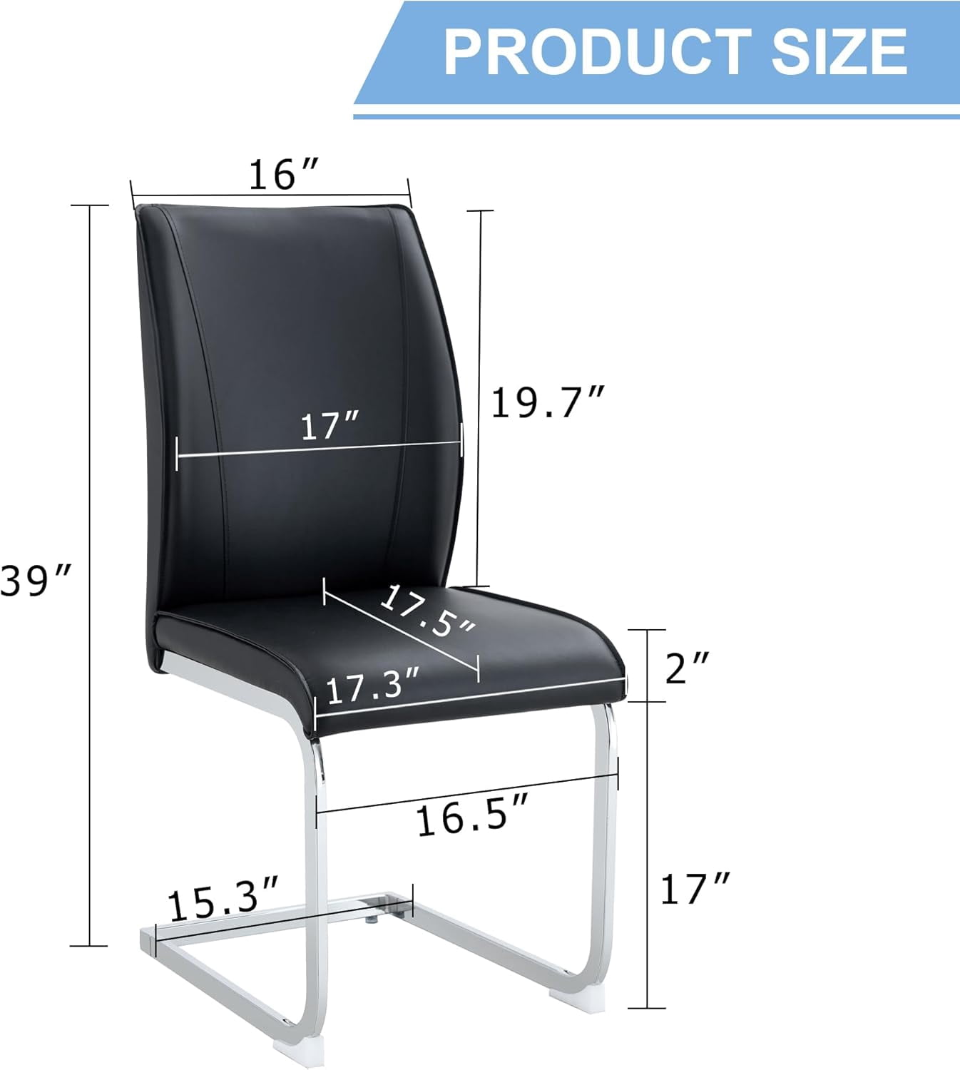 SUDICA Set of 4 Black PU Leather Dining Chairs, Modern High Back Upholstered Chairs with Chrome Metal Legs for Dining Room and Kitchen