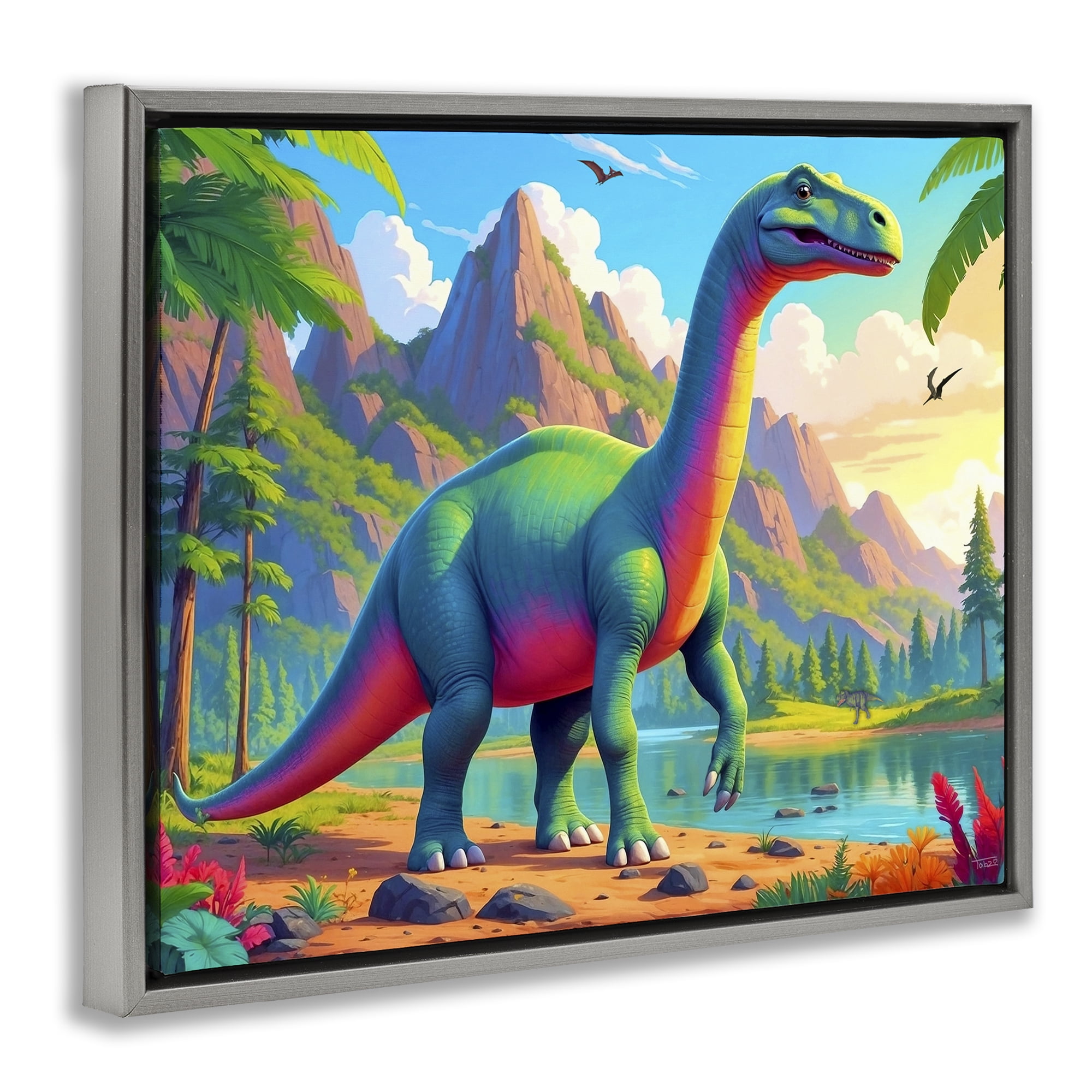 Stupell Industries Vibrant Brontosaurus by River Gray Framed Floater Canvas Wall Art, design by Tabz Jones