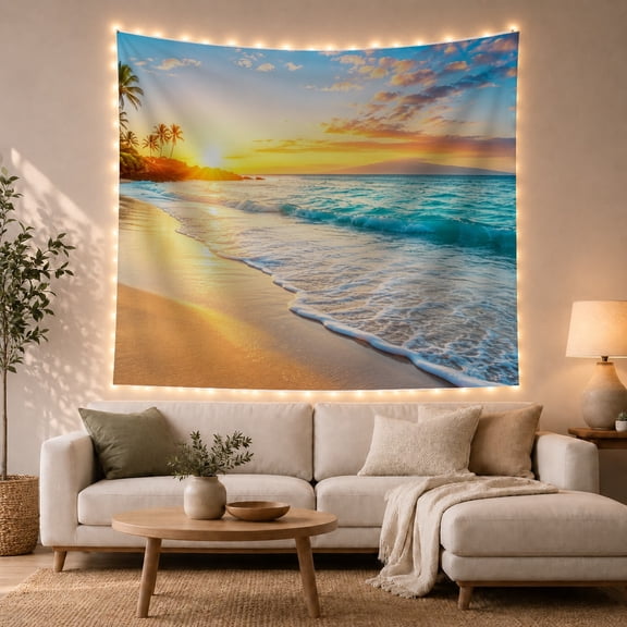 Tropical Sunrise Over Ocean Beach with Palm Trees, Serene Coastal Scene for Beach Lovers, Coastal Home Decor Housewarming Gift Tapestry Wall Hanging for Bedroom, Living Room and Dorm