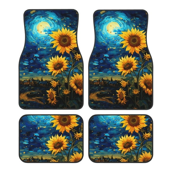 Yiaed Vintage Starry Sky Sunflower Print Carpet Floor Mats for Cars, Auto Accessories Front & Rear Car Floor Mats Car Floor Foot Mat Sets of 4 Pieces