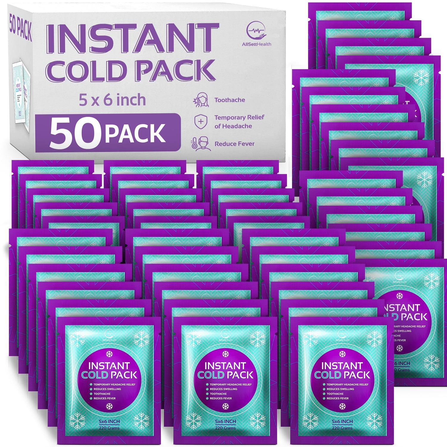 Instant Ice Cold Pack, 50 Pack, Disposable, 6 x 5 in, for Injuries, Pain Relief, Swelling, First Aid, Athletes and Outdoor Activities