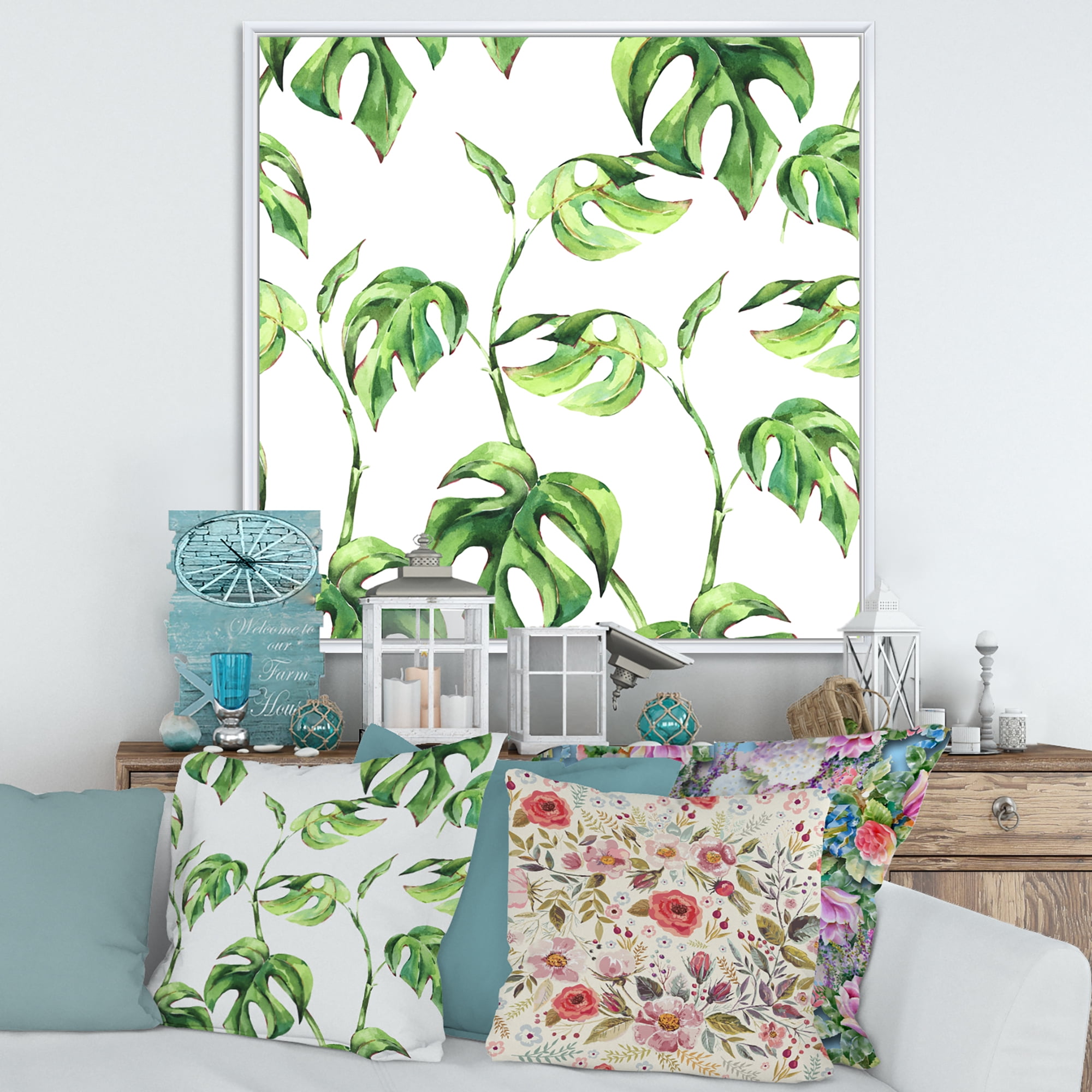 Designart 'Ancient Floral Tropical Leaves II' Tropical Framed Canvas Wall Art Print