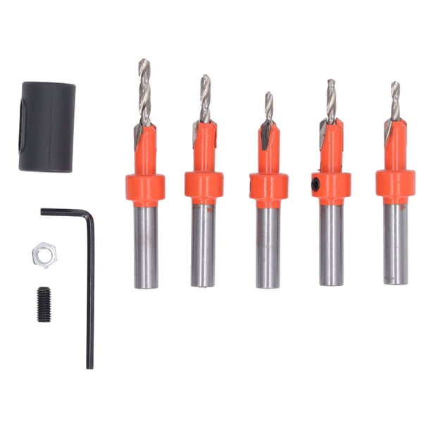 Juego de 5 brocas avellanadoras para madera, brocas de vástago redondo para carpintería con llave hexagonal y limitador