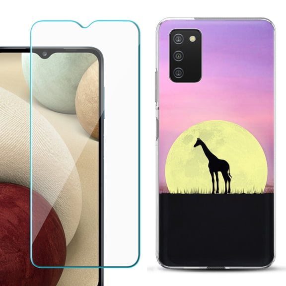 Slim-Fit TPU Fashion Phone Case for Samsung Galaxy A03s, with Tempered Glass Screen Protector, by OneToughShield ® - Moonlight Giraffe