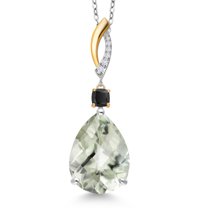 925 Silver and 10K Yellow Gold Green Prasiolite and Black Onyx & Lab Grown Diamond Pendant Necklace for Women | 19.69 Cttw | Gemstone Birthstone | Pear Shape Checkerboard 18X13MM | With 18 " Chain