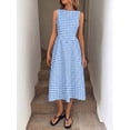 thumbnail image 4 of Blue And White Gingham Boat Neck Sleeveless A-Line Midi Dress, Woven Fabric, Relaxed Casual Elegant Style, 4 of 5