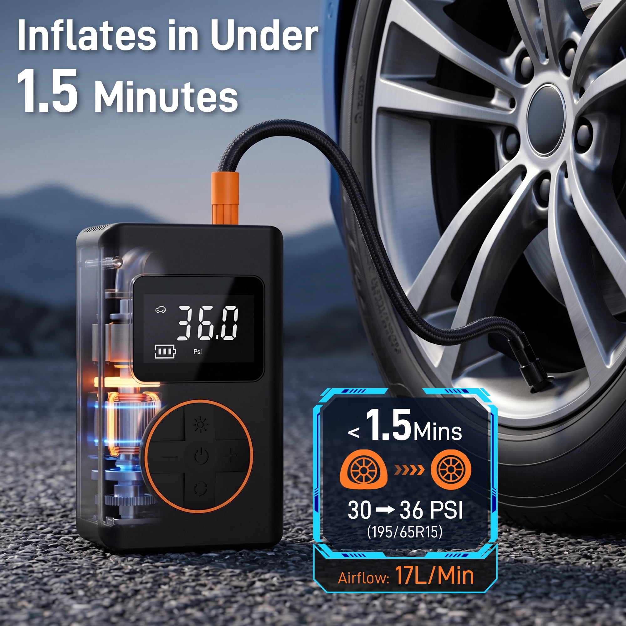 Tire Inflator Portable Air Compressor, Cordless Mini Bike Pump with Digital Display, 150 PSI Car Tire Air Pump with LED Light and Pressure Gauge for Auto, Motorcycles, Bikes, Balls