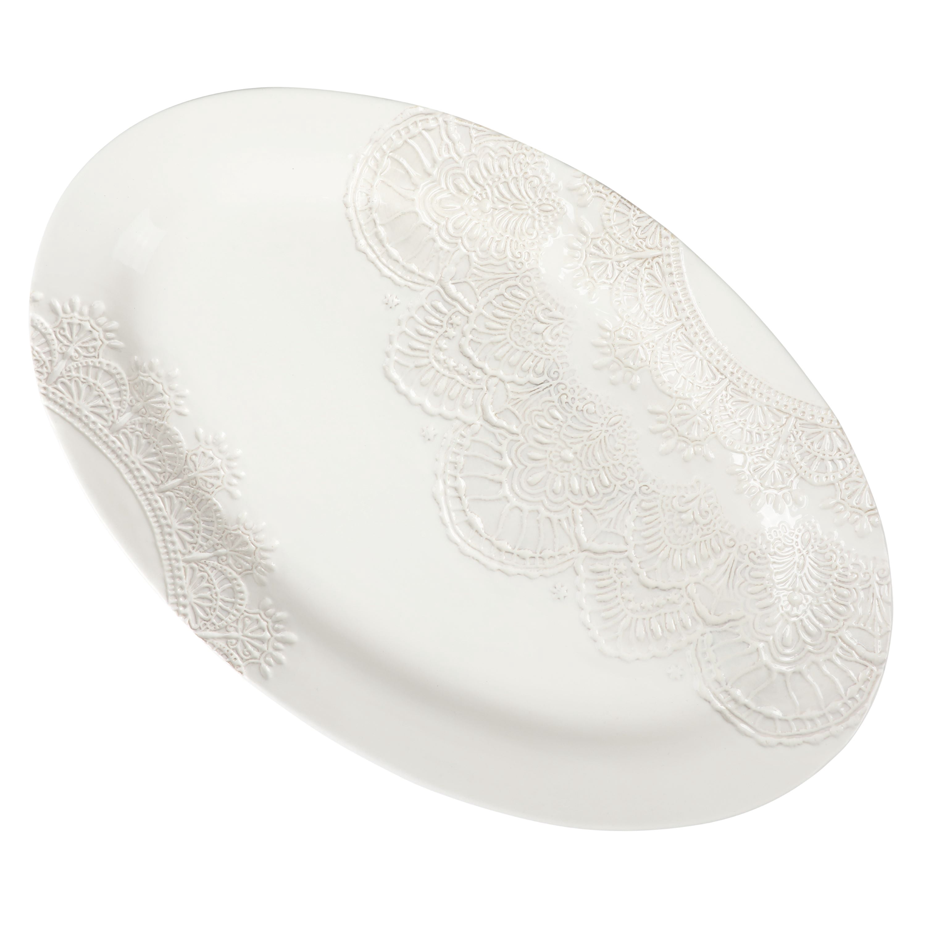 The Pioneer Woman Vintage Lace 20-inch Stoneware Oval Serving Tray Platter, White