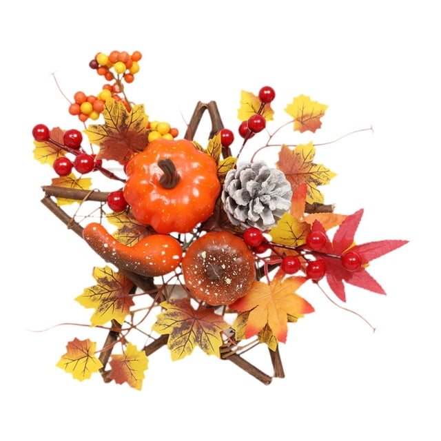Corona de Halloween con hojas de arce y calabaza artificiales, corona decorativa realista para puerta de entrada y pared de porche 25 centímetros