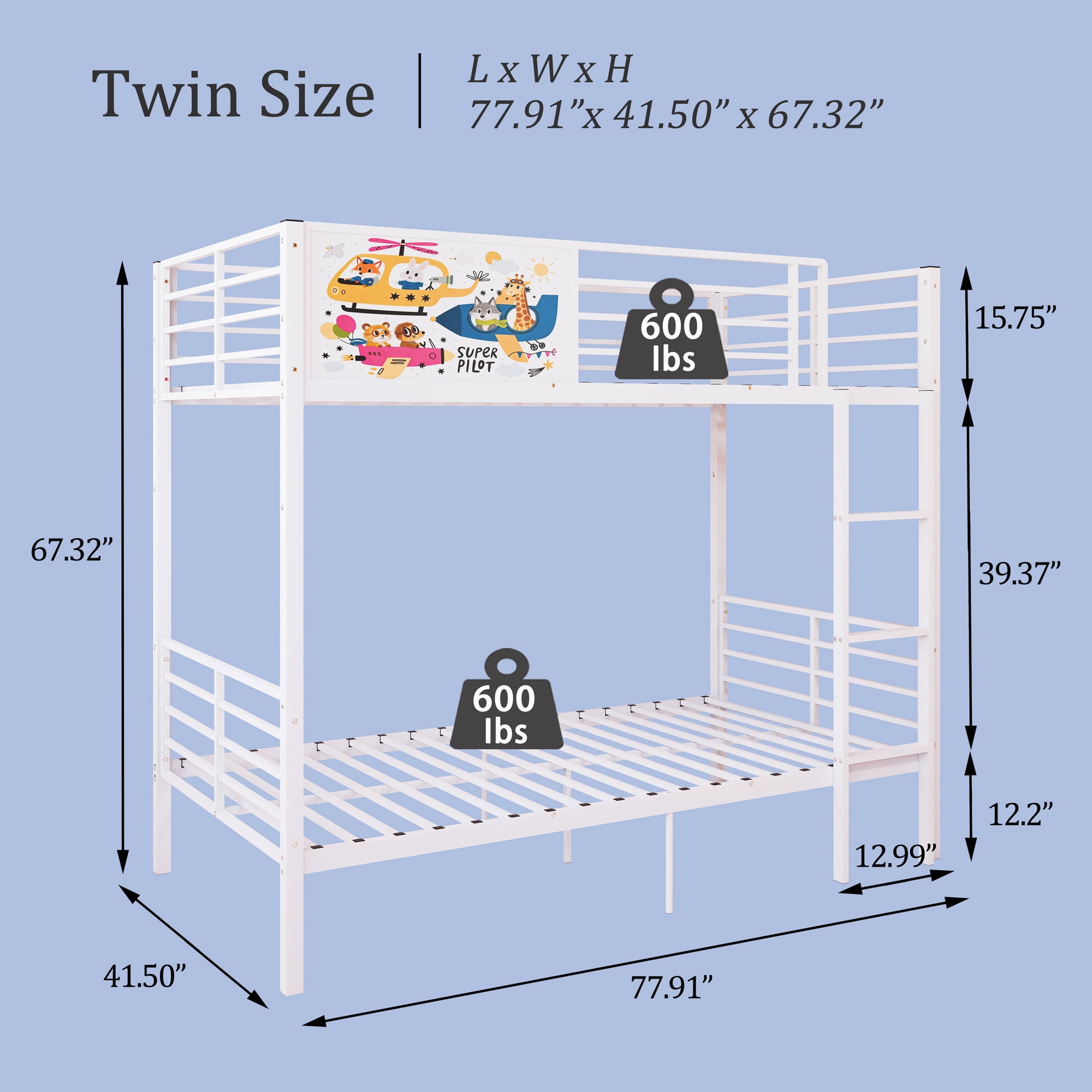 Convertible Metal Bunk Bed Separates into 2 Twin Size Beds, Heavy Duty Frame with Full-Length Guardrail and Ladder, No Box Spring Needed, White