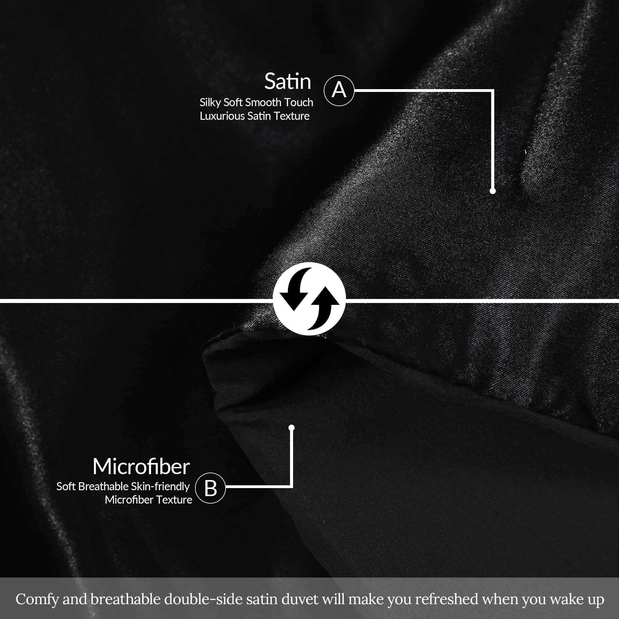 Whale Flotilla 3-Piece Reversible Silky Satin King Size Comforter Bedding Set, Lightweight Luxury Comforters with 2 Pillowcases All-Season, Black