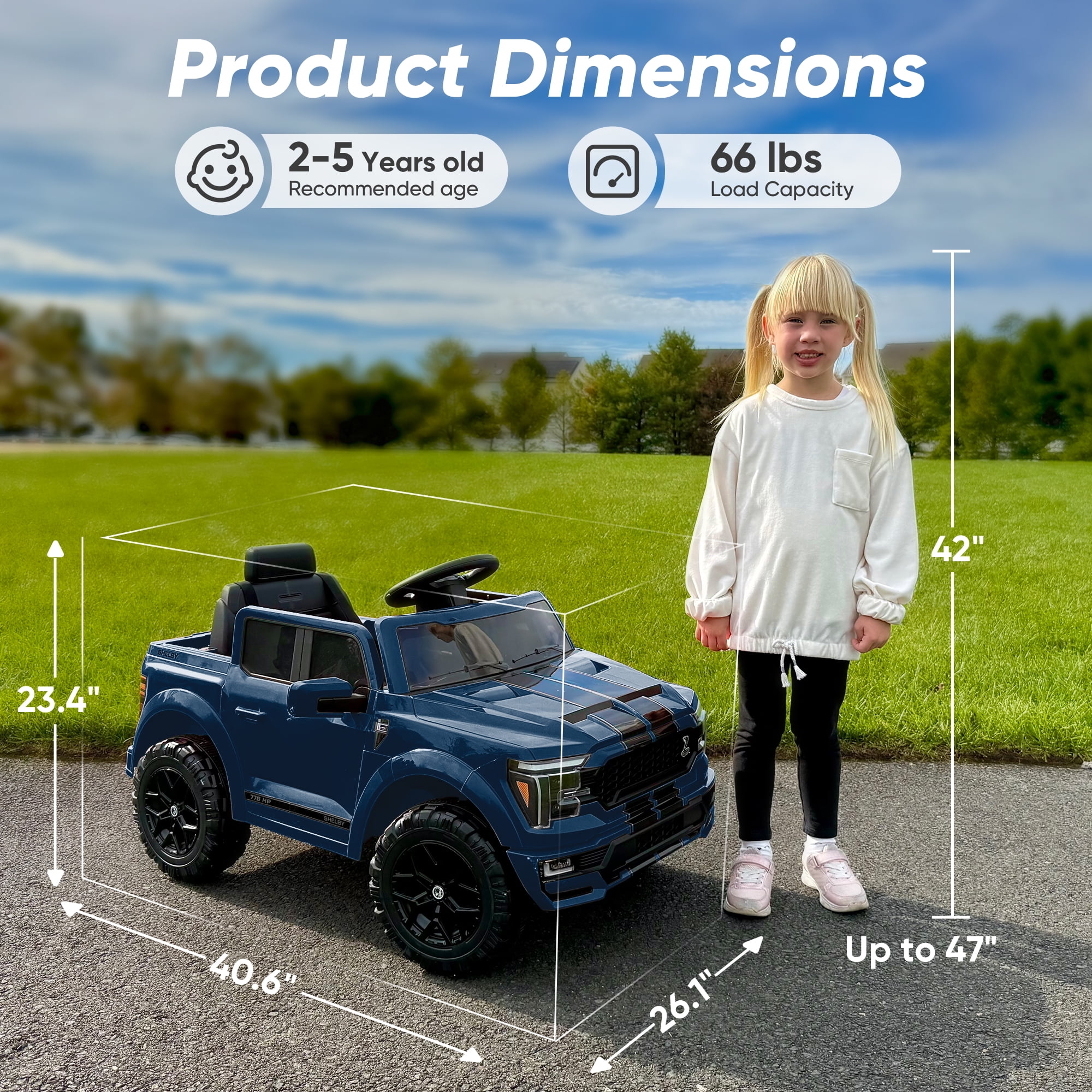 Hikiddo Electric Car for Kids, Licensed Ford-Shelby F-150 12V Ride on Truck Toys for Toddlers w/ Remote, 2-Hour Drive Time - Blue