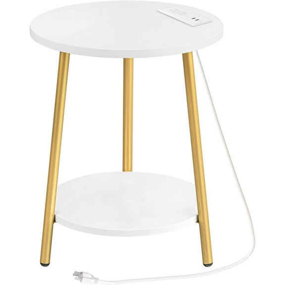 HOOBRO 2-Tier Round End Table with Charging Station Modern Gold Living Room Bedroom White and Gold DW671BZ01