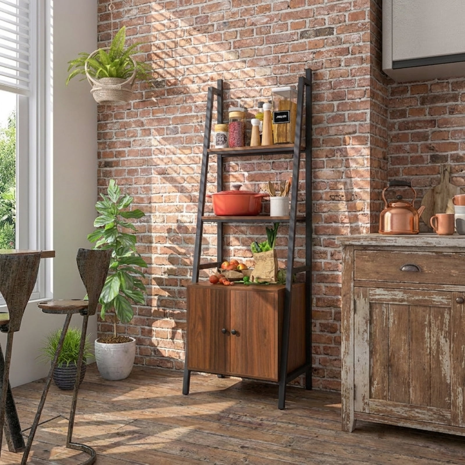 Furnibear 4-Tier Ladder Shelf with Cabinet and Metal Frame Rustic Brown, 21" x 16" x 63" - Open Storage Display Rack for Home Office
