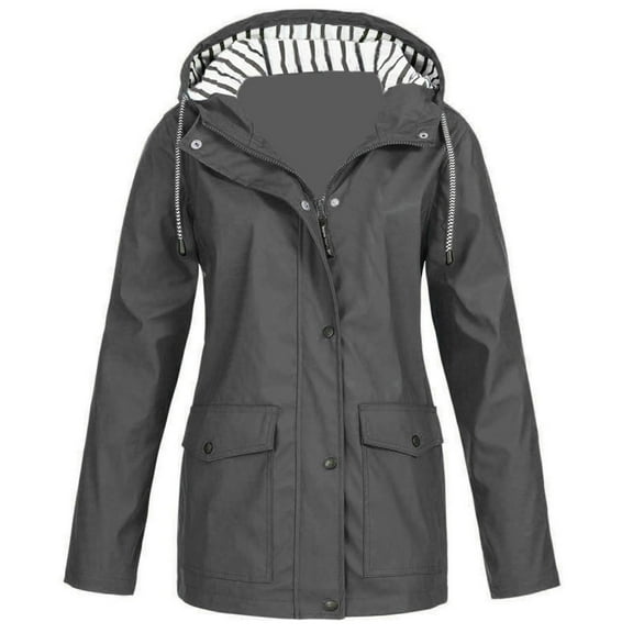 Women Coats and Jackets Clearance Women Solid Rain Jacket Outdoor Hooded Raincoat Windproof Top