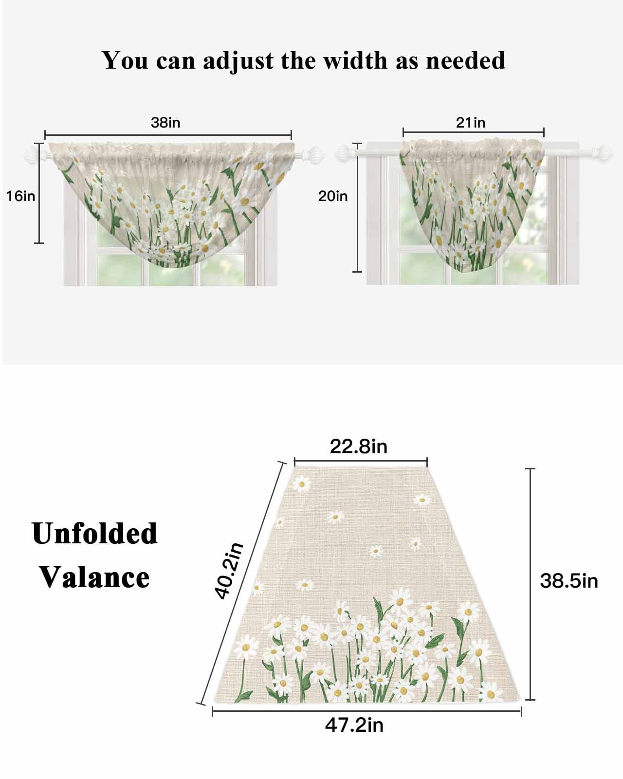 Waterfall Valances for Windows, Spring Floral Kitchen Sheer Valance Curtains, White Daisy Farmhouse Linen Texture Rod Pocket Elegant Swag Valances for Living Room Bedroom, 47.2"x38.5", 2 Panel