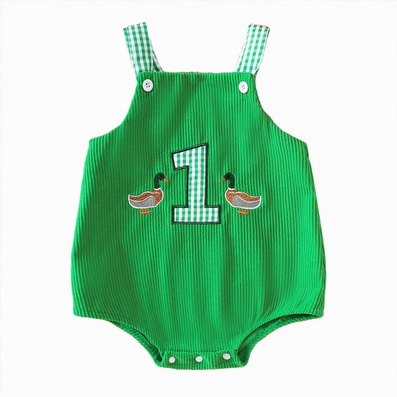 CAICJ98 Baby Boy Girl One Lucky Duck Birthday Outfit Summer Sleeveless First Birthday Overalls Mallard Duck Romper Plaid Bodysuit Hunting Clothes (Green,6-12 Months)