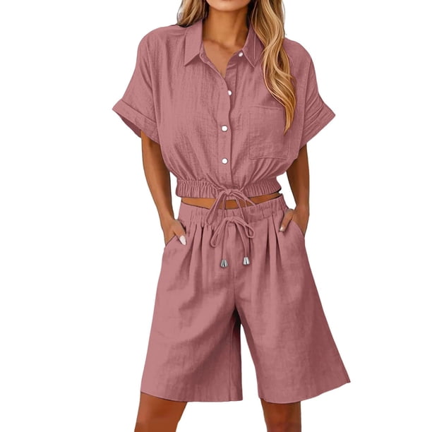 Vestidos Casuales Para Mujer, Blusas De Mujer De Moda Conjunto de blusa y pantalones cortos de lino para mujer, con solapa, manga corta y botones sueltos, para verano