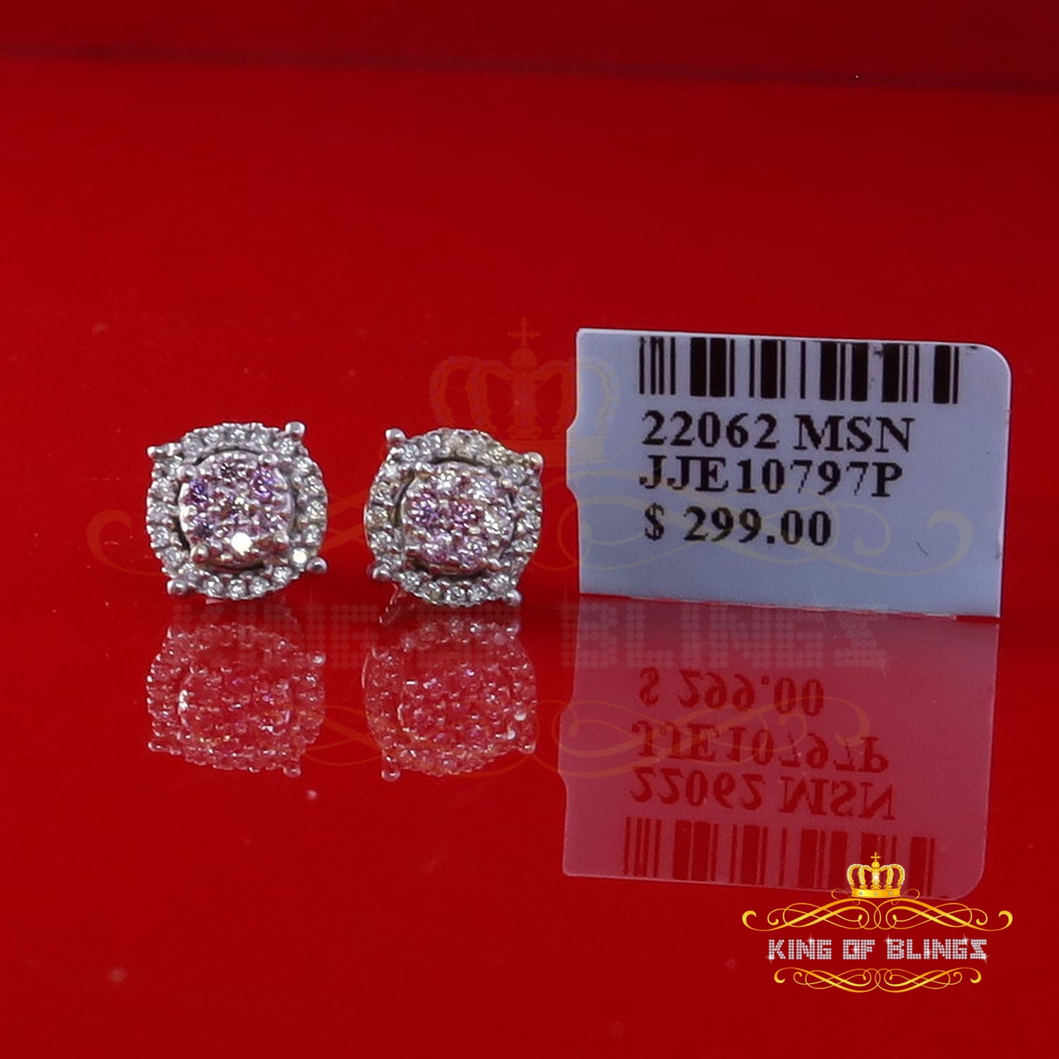 King of Bling's 925 Silver White 0.40ct VVS 'D' Pink Moissanite Round Mens/Women's Stud Earrings