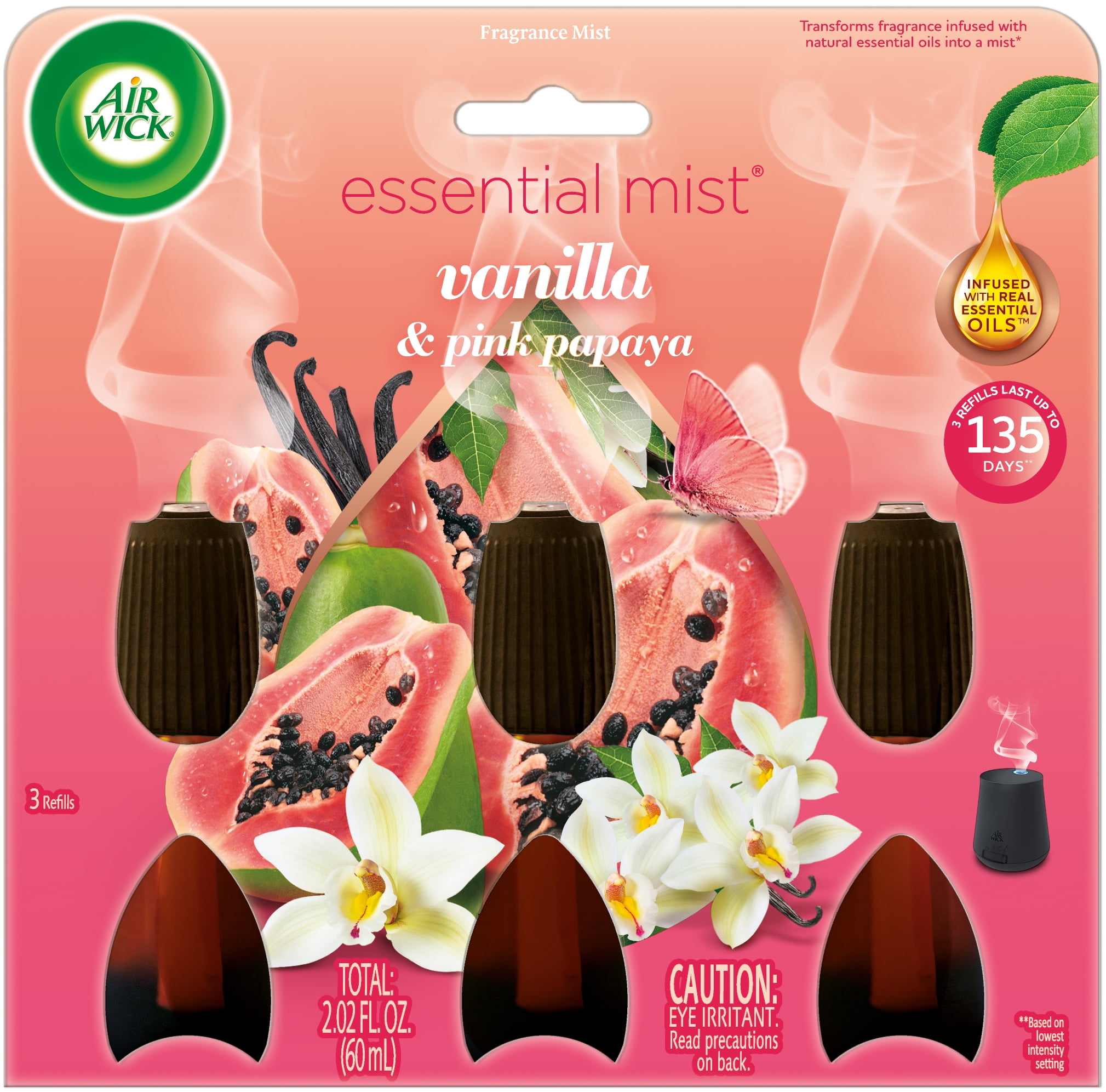 Air Wick Essential Mist Refill, 3 ct, Vanilla and Pink Papaya, Essential Oils Diffuser, Air Freshener