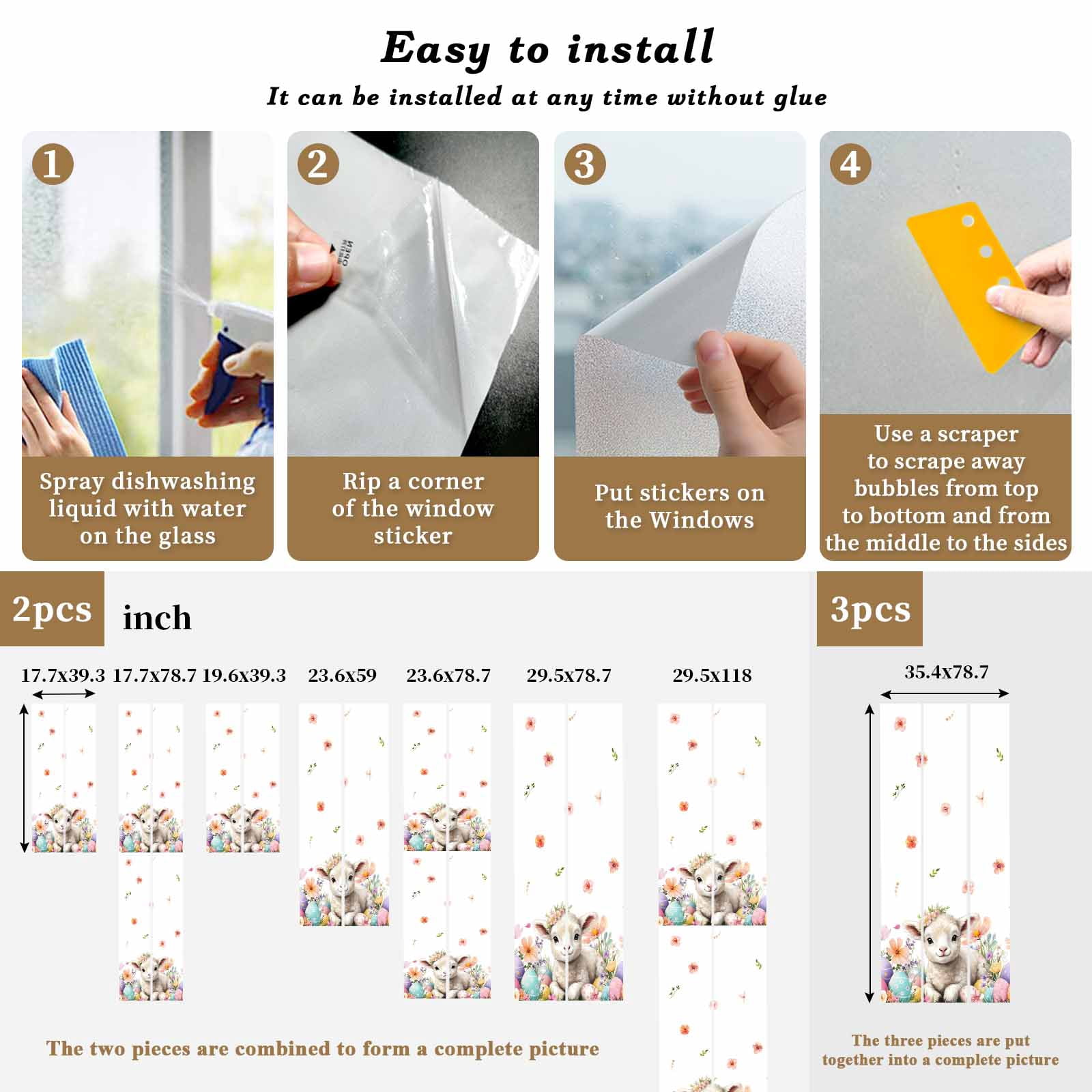 Easter Sheep Window Privacy Film, Watercolor Sheep Flowers Colored Eggs Frosted Glass Window Clings Static Cling UV Heat Blocking Reusable Door Sticker for Bathroom 23.6 x 59 Inch