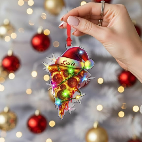 Personalized Pizza Slice Acrylic Christmas Ornament with Santa Hat & Lights Custom Name Food Lover Holiday Tree Decor, Festive Pizzeria Keepsake