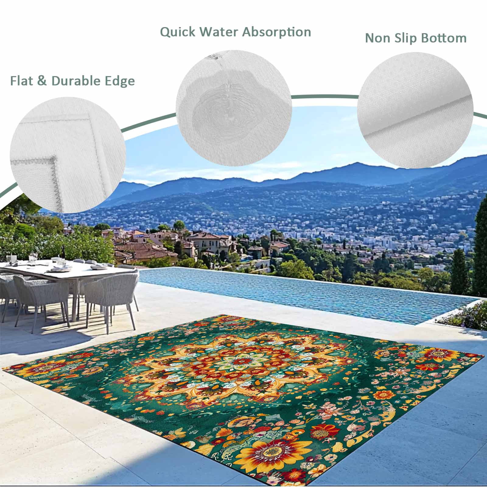 Fsddascl Boho Flower Outdoor Rug for Patio/Deck/Porch, Non-Slip Large Area Rug 4 x 6 Ft, Yellow Green Bohemian Colorful Medallion Indoor Outdoor Rugs Washable Area Rugs, Camping Rug Carpet