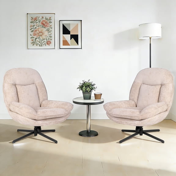 Pmango 360°Free Swivel Accent Chair Set of 2 for Living Room, Slightly 20°Rocking, 24" High Backrest Upholstered Armchair, Ergonomic Design, Chenille Breathable Soft Fabric Modern Single Sofa, Beige