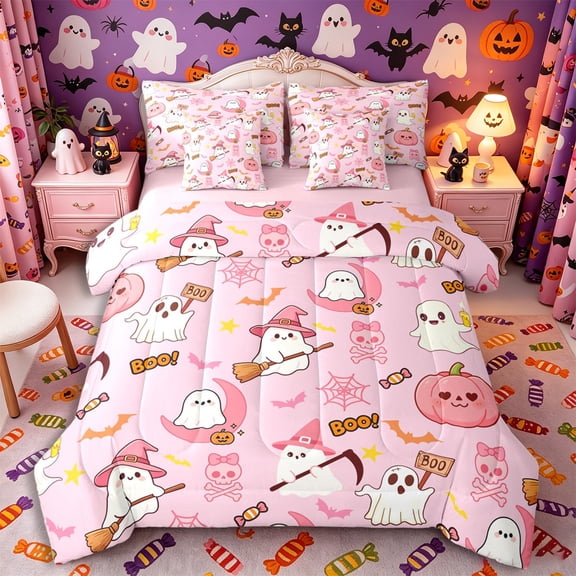 Manfei Halloween Pumpkin Skull Ghost Full Size Bedding Sets 7 Pieces, Spooky Animal Full Size Bed in a Bag,Pink Reversible