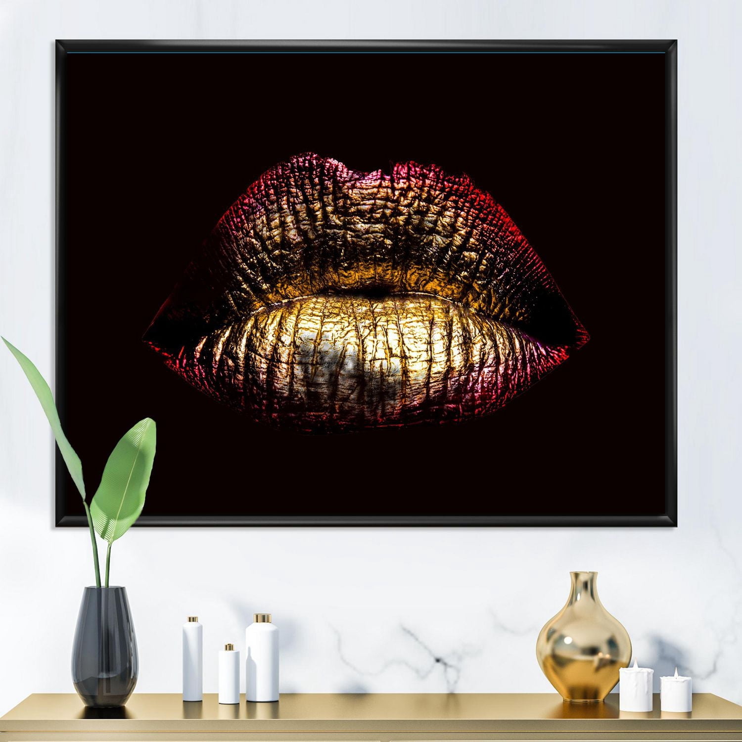 Designart Sexy Golden Metallized Female Lips IV FLOAT FRAME WALL ART