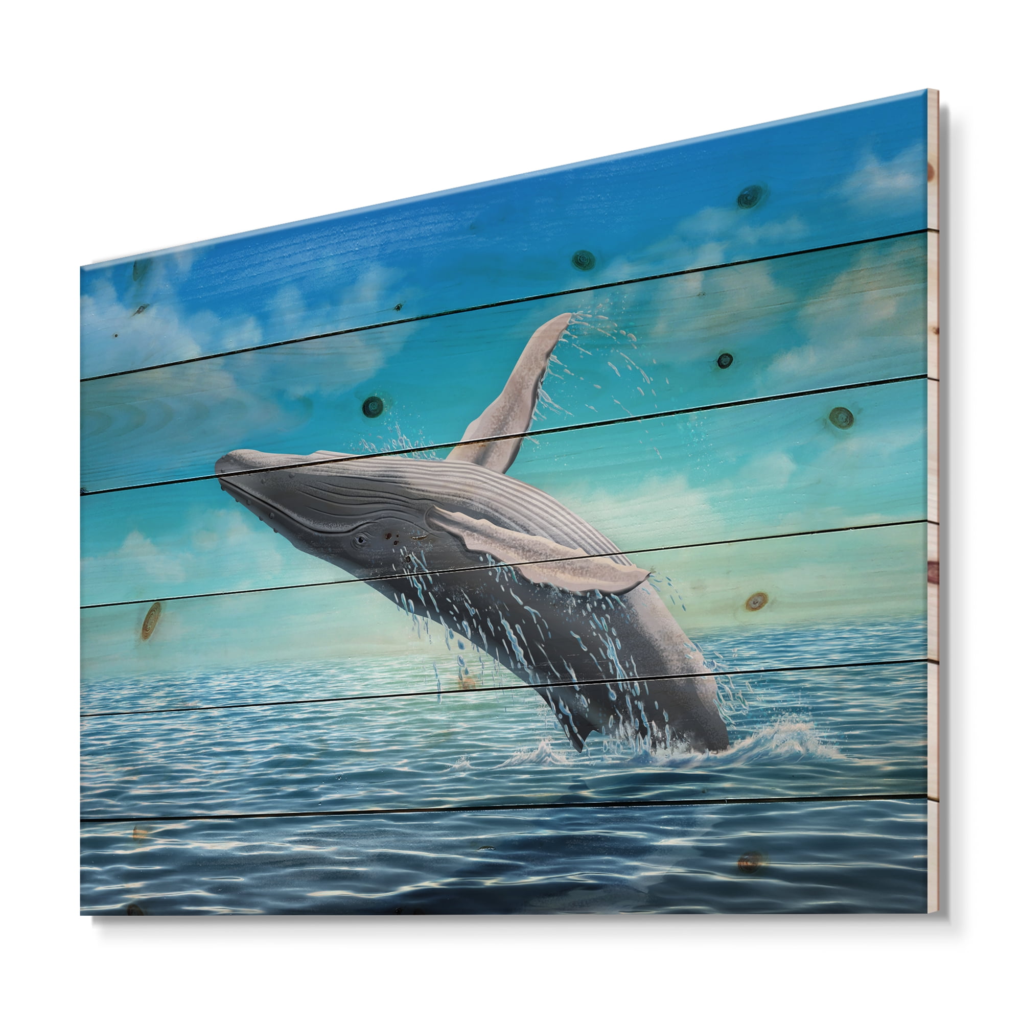 Designart 'Humpback Whale Jumping Out of Sea' Farmhouse Print on Natural Pine Wood