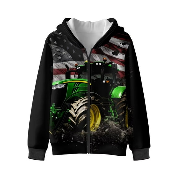 Chririnla Tractor American Flag Fuzzy Hooded Sweatshirt for Boys and Girls - Lightweight Comfy Casual Pullover with Pockets for Fall and Winter Outdoor Wear