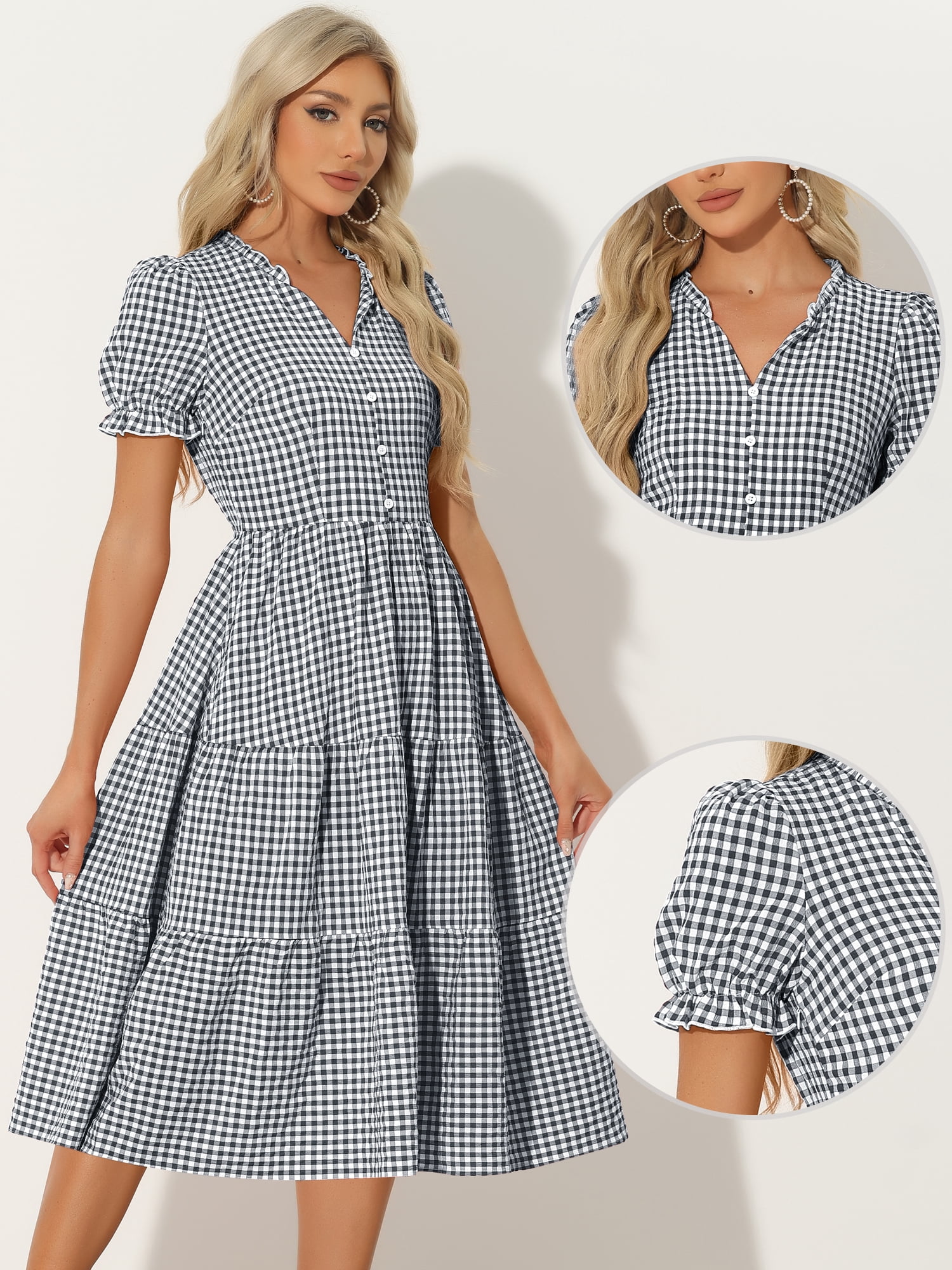 DARING DIVA Women's Gingham Summer Ruffle Trim V Neck Button Decor Dresses XS Black