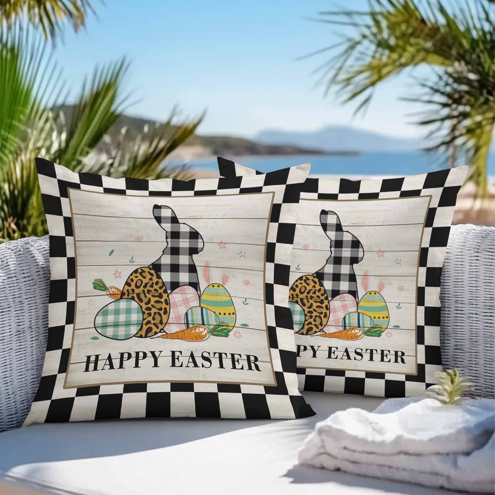 Outdoor Throw Pillows Covers 18X18 Set of 2 Waterproof Happy Easter Decorative Zippered Cushion Covers for Patio Furniture, Vintage Farm Check Plaid Rabbits Eggs Lumbar Pillowcases