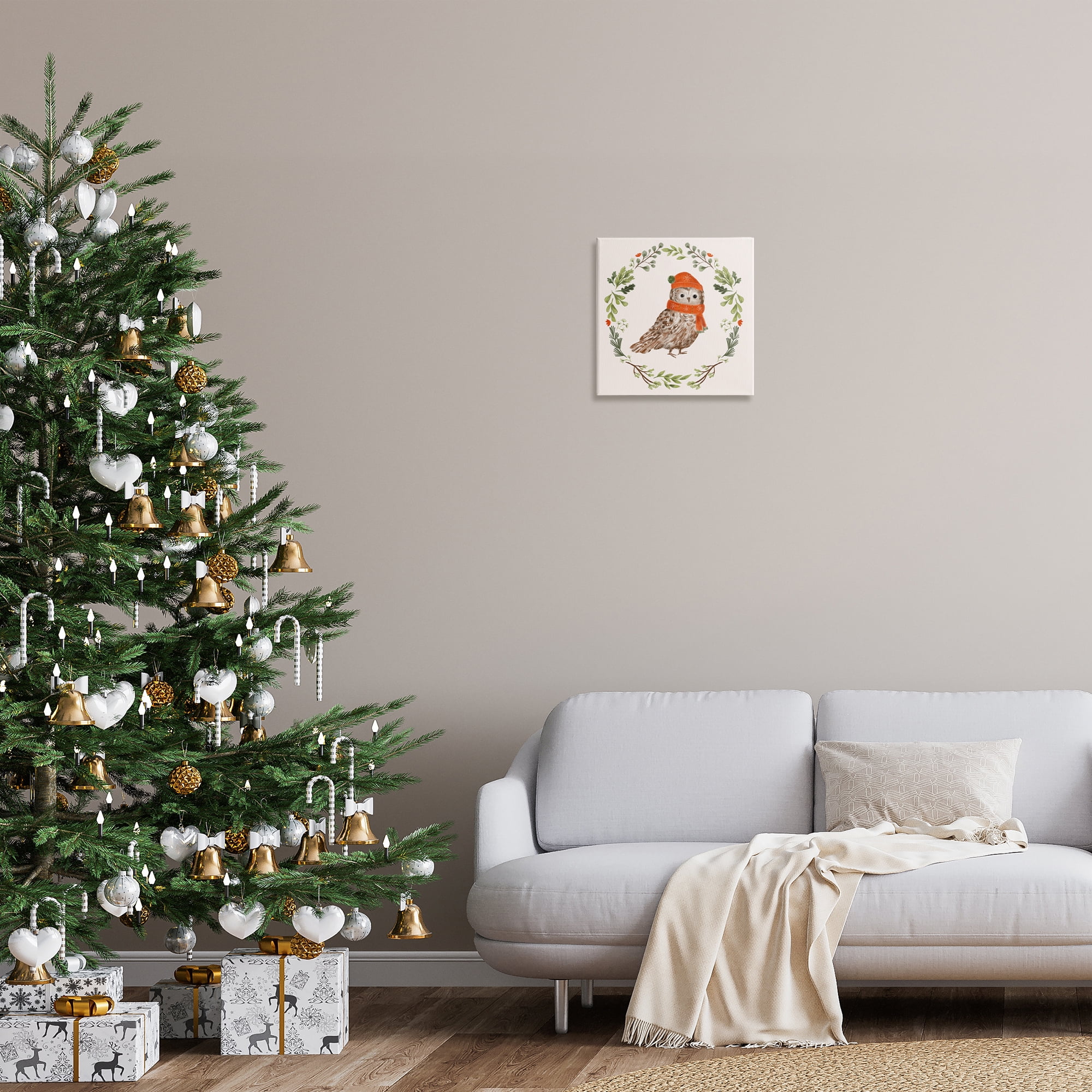 Stupell Industries Holiday Owl Wreaf Holiday Painting Gallery Wrapped Canvas Art Prints Wall Art, 17 x 17