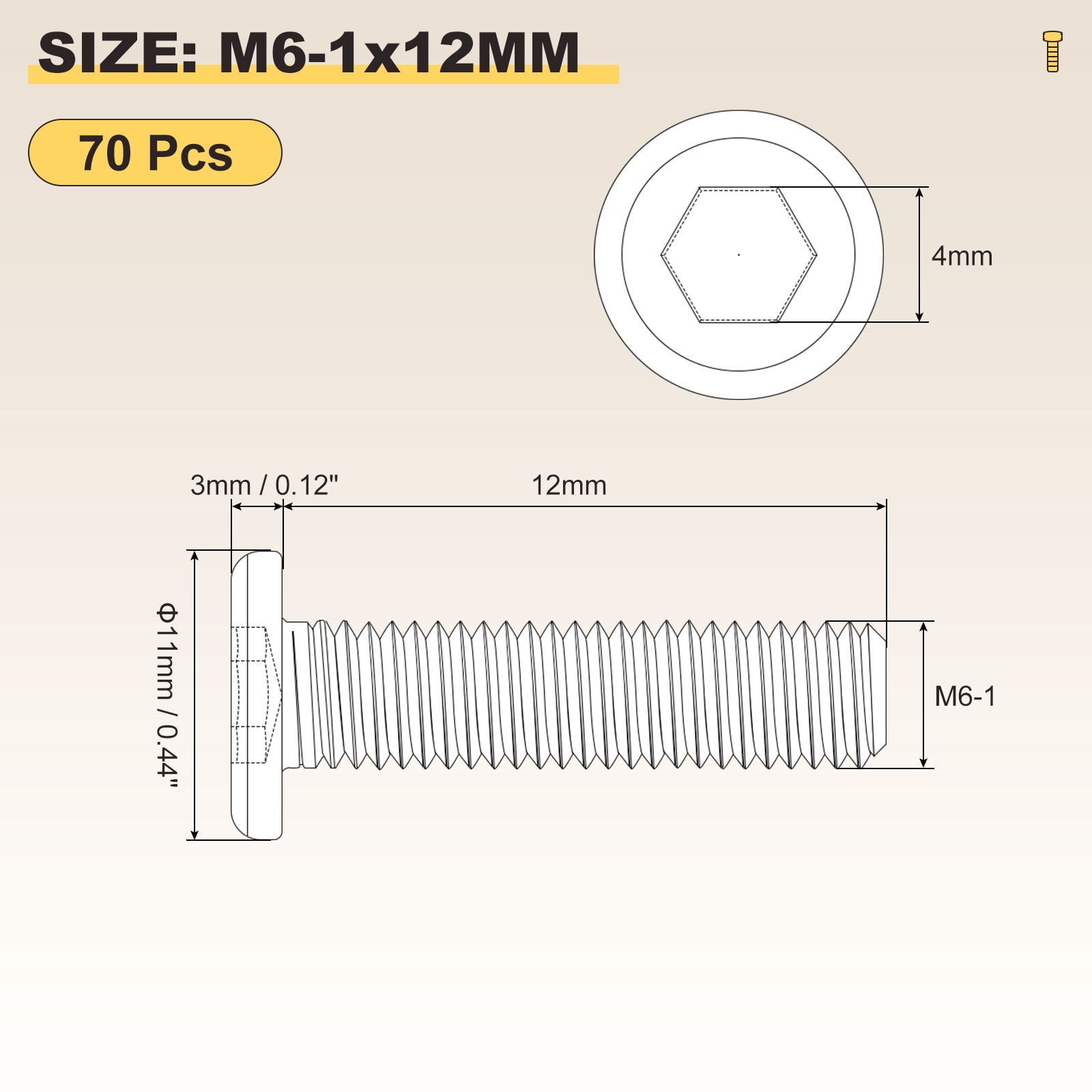 Flat Head Hex Socket Cap Screws Bolts(M6-1x12) 70Pcs, 304 Stainless Steel Hex Socket Furniture Bolts Countersunk Screws - for Furniture Woodworking Project, Silver Tone